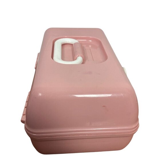 Vintage Caboodles 2 Tier Pink Jewelry Makeup Case Mirror Handle 5626 Made in USA - Picture 10 of 14